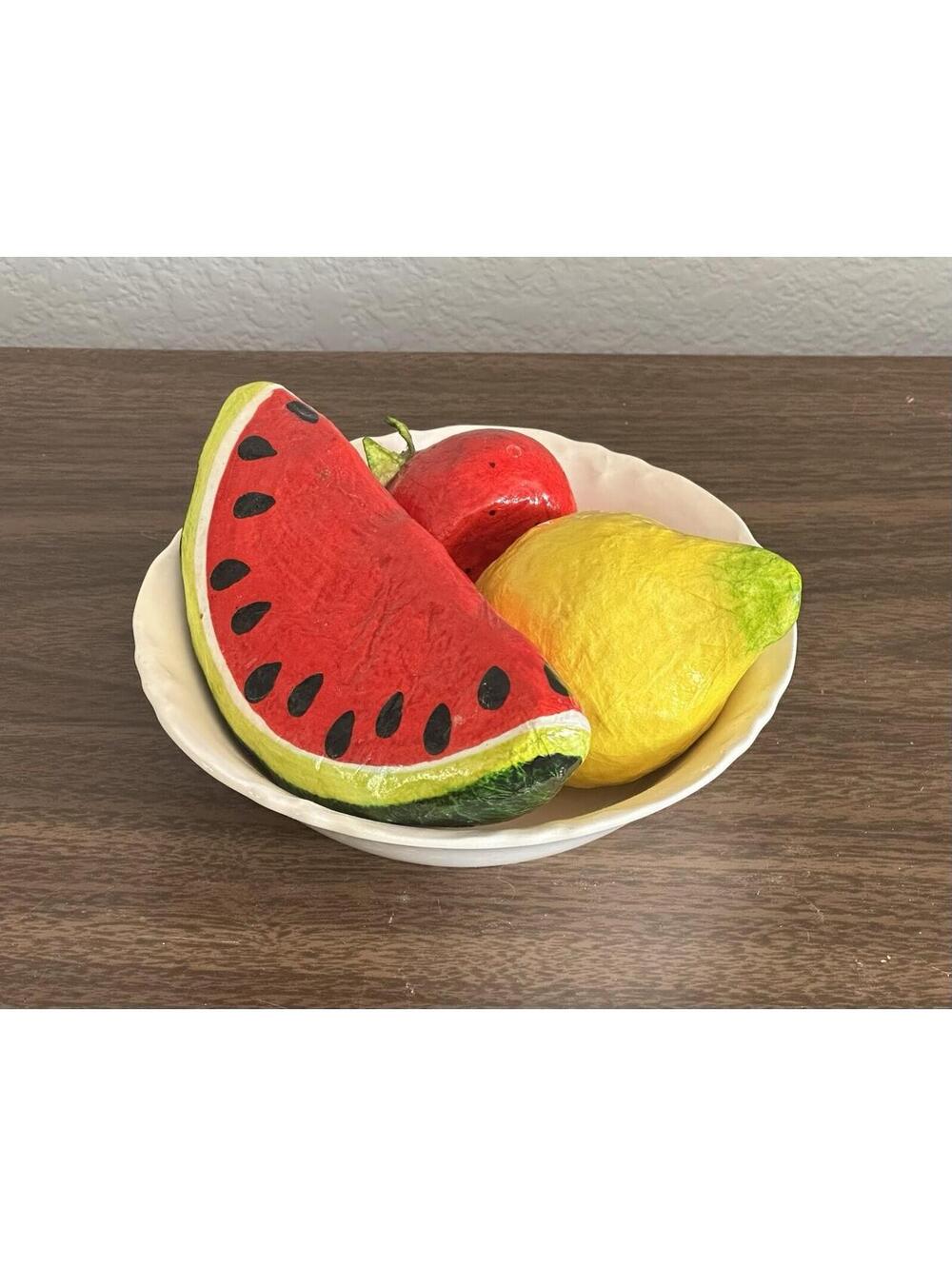 Lot of 3 - Paper Mache Fruit Folk Art Decor - Watermelon Strawberry Lemon
